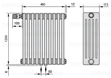 Схема (чертеж) Радиатор Zehnder Charleston 5120/10 №V007 Белый глянцевый RAL 9016
